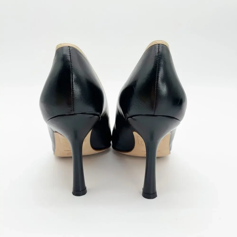Chanel Vintage Black Leather Pumps Beige Crisscross Straps Micro CC Heels EU 40